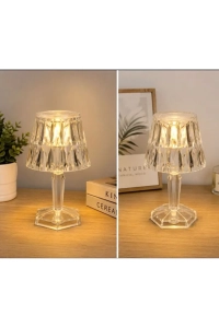 Plastik 3'Lü Led Masa Lambası Pilli Kristal Elmas Şeffaf Abajur 12 Cm